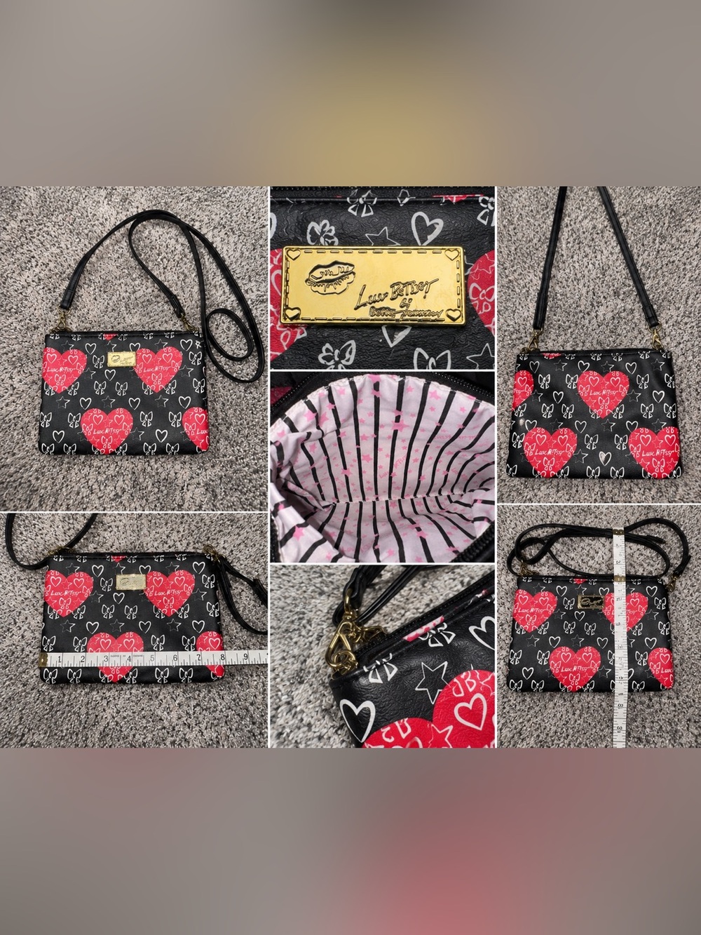 Luv Betsey Heart Print Crossbody Bag Black Red White Mini Purse Y2K